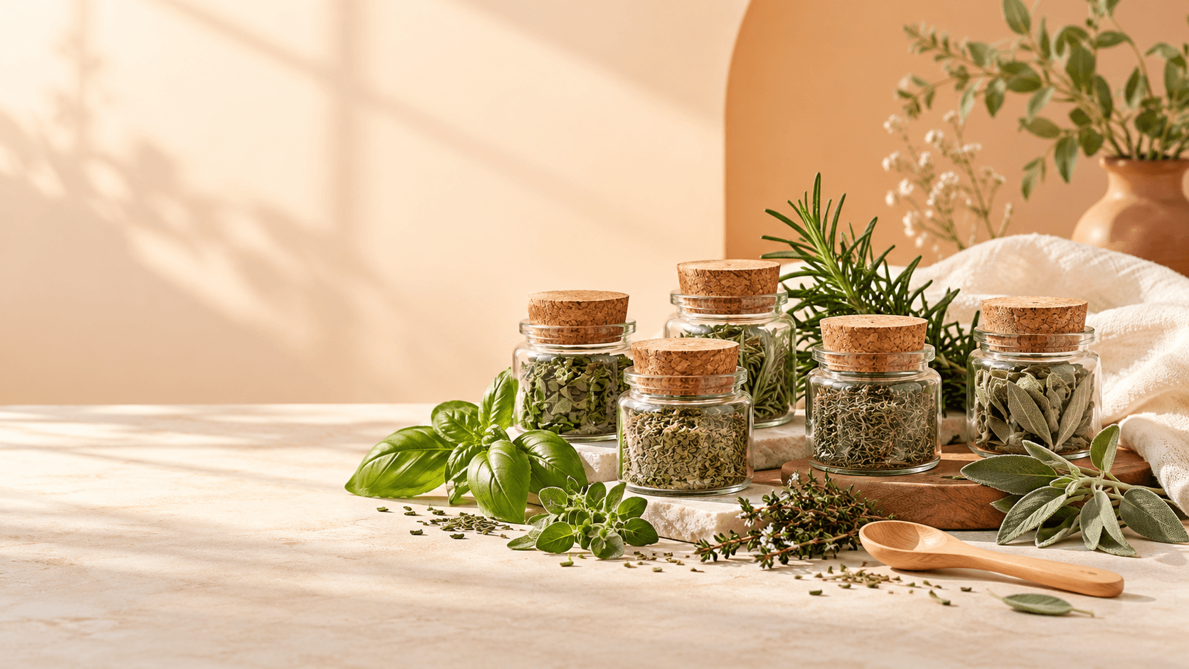 Five premium baby herbs in glass jars